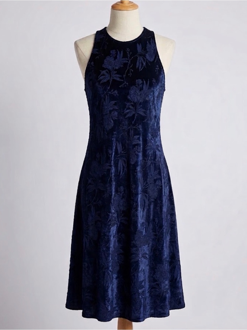 Vintage Y2K Floral Satin Jacquard High Neck Slip Dress Small XS Navy HOCO READ